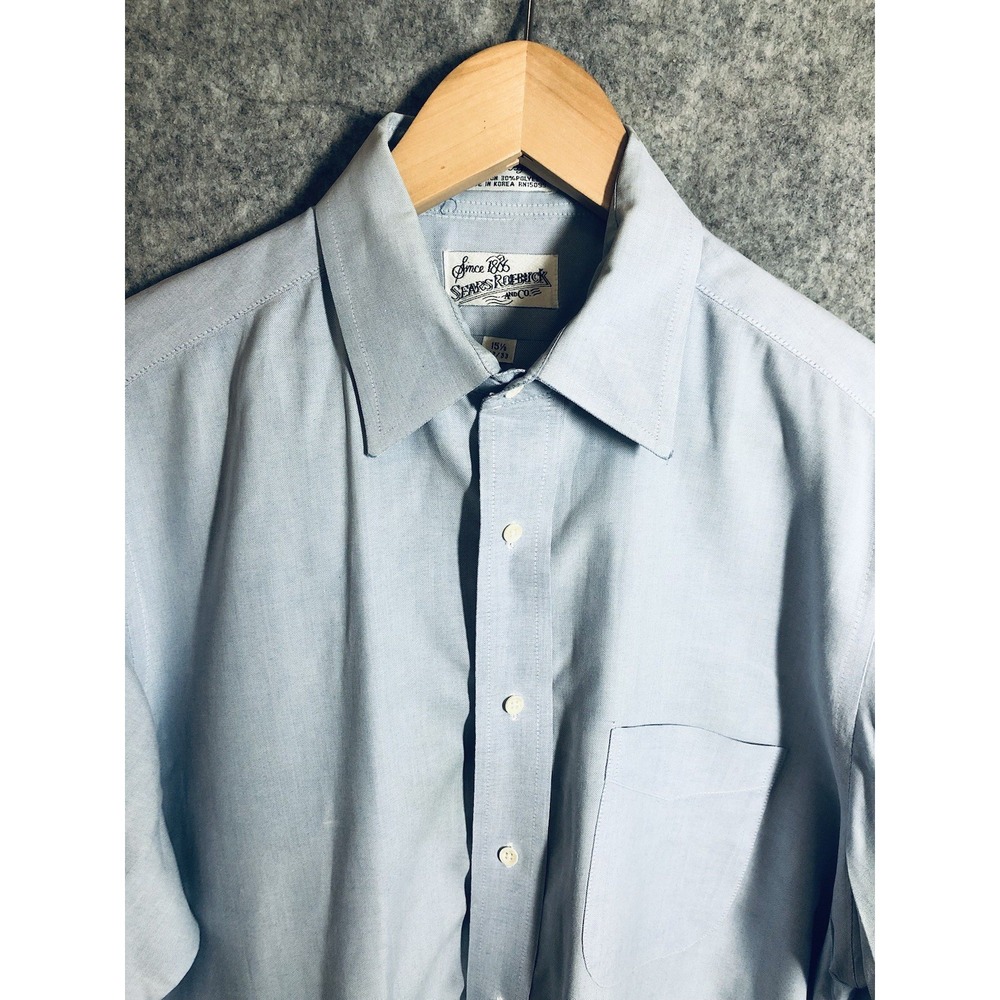 Vintage Sears Roebuck Shirt Mens 15.5 32/33 Blue Pinpoint OCBD Oxford Classic